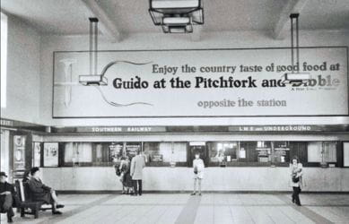 A view of the original lighting chandeliers in place at Richmond station - South Western Railway