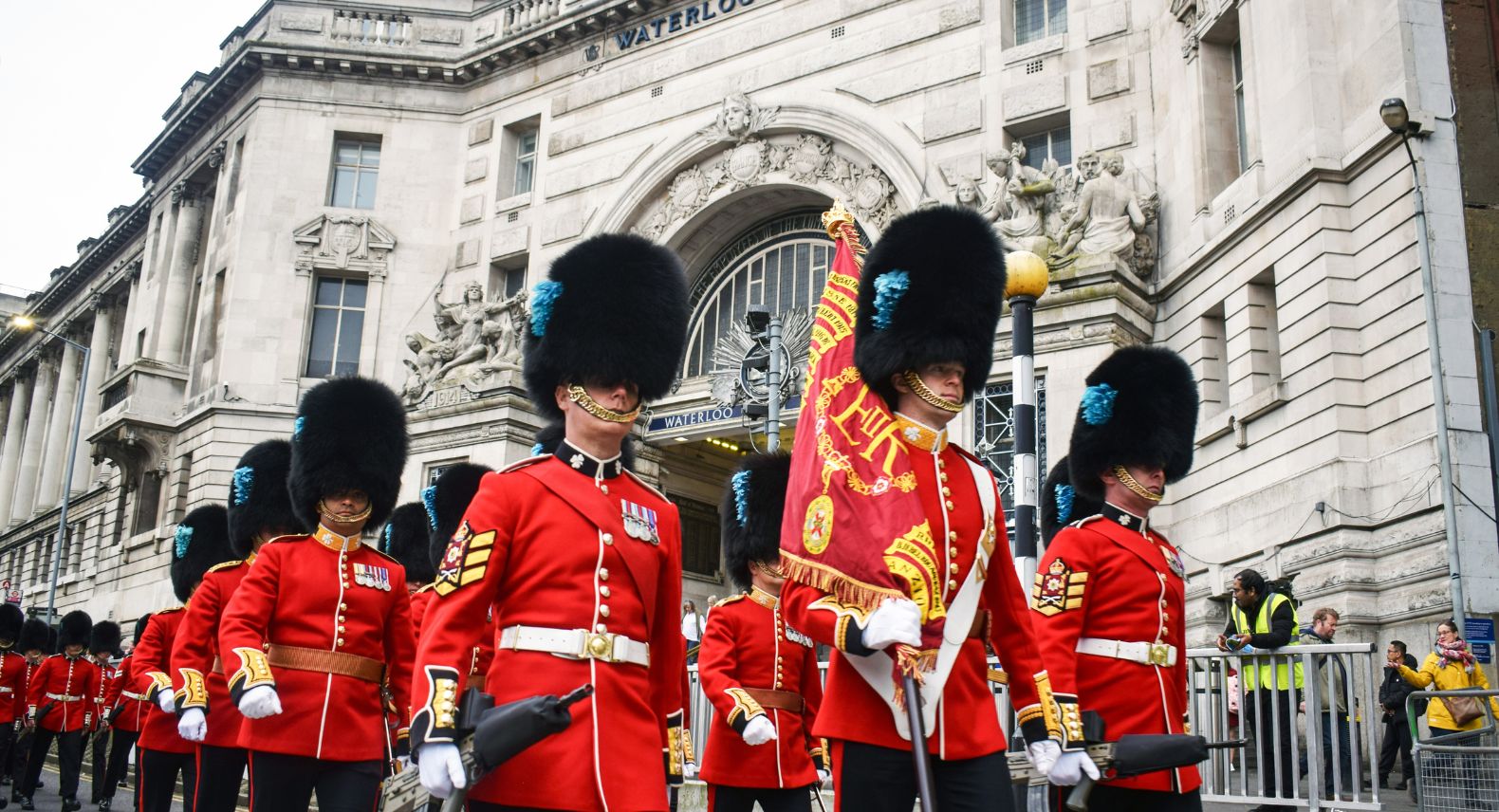 Guards regiment marching past the Waterloo Victory Arch