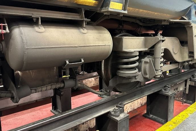South Western Railway trains are fitted with sanding systems, which dispense sand onto the rails ahead of the trains’ wheels to provide more grip. SWR have recently fitted an upgraded system on the Class 158 and Class 159 trains, the first of its kind in the country