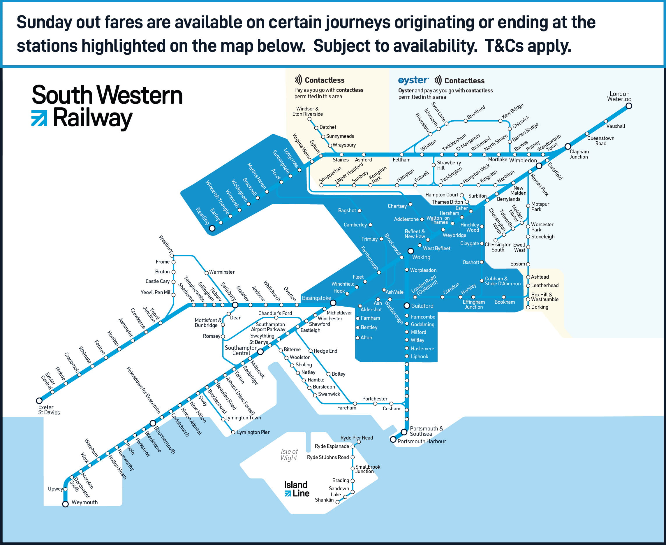 South Western Railway Sundays Out Fares network map
