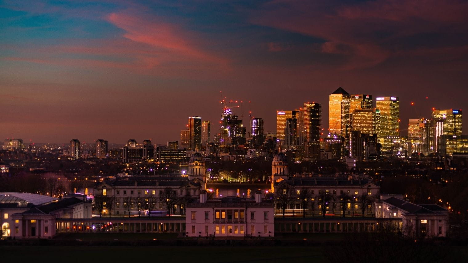 View of the city of London over the old Naval College in Greenwich